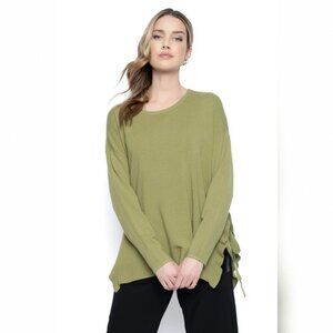 Piccadilly Side Tie Rib Knit 3/4 Sleeve Sweater Top Fern Green Women's Size S